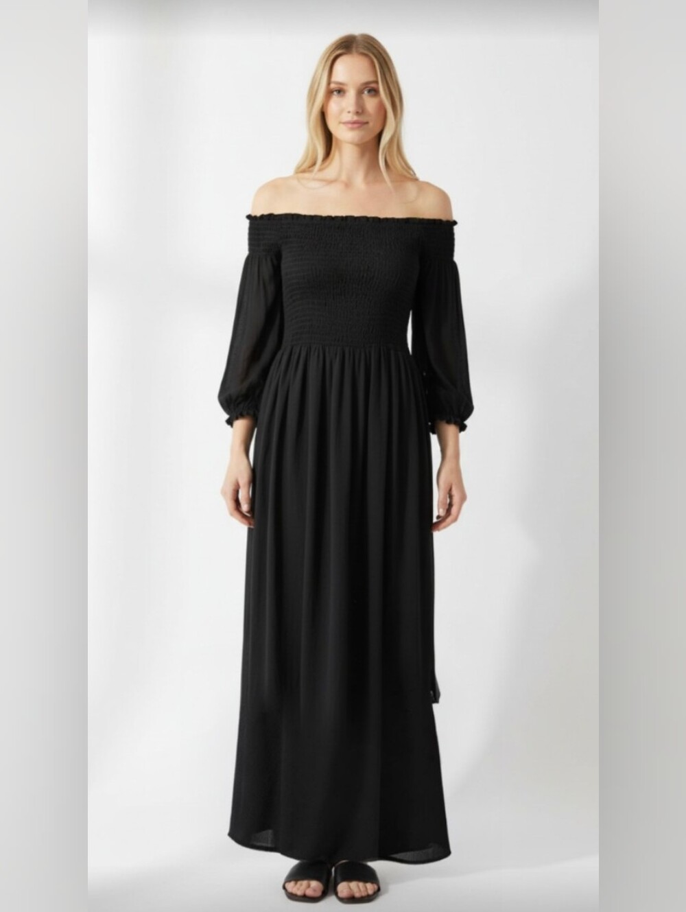 NWOT! J GEE! LUXE BLACK CRINKLE CHIFFON OVER STRETCH, OFF SHOULDER DRESS! SZ M